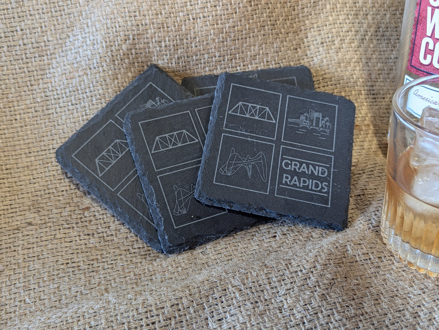 Laser Engraved Grand Rapids Michigan Slate Coasters | Set of 4